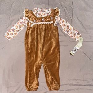 Daisy Fuentes Floral Long Sleeve with Apricot Brown Corduroy Overalls